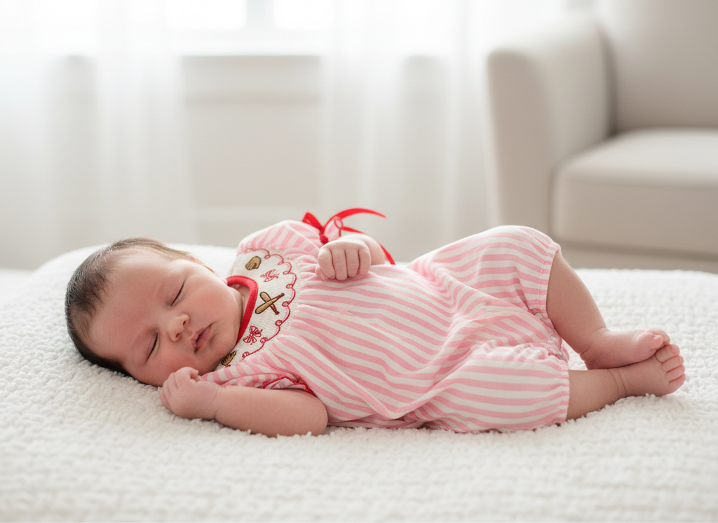 Pink Striped Baby Romper | Smocked Baseball Outfit with Red Bows