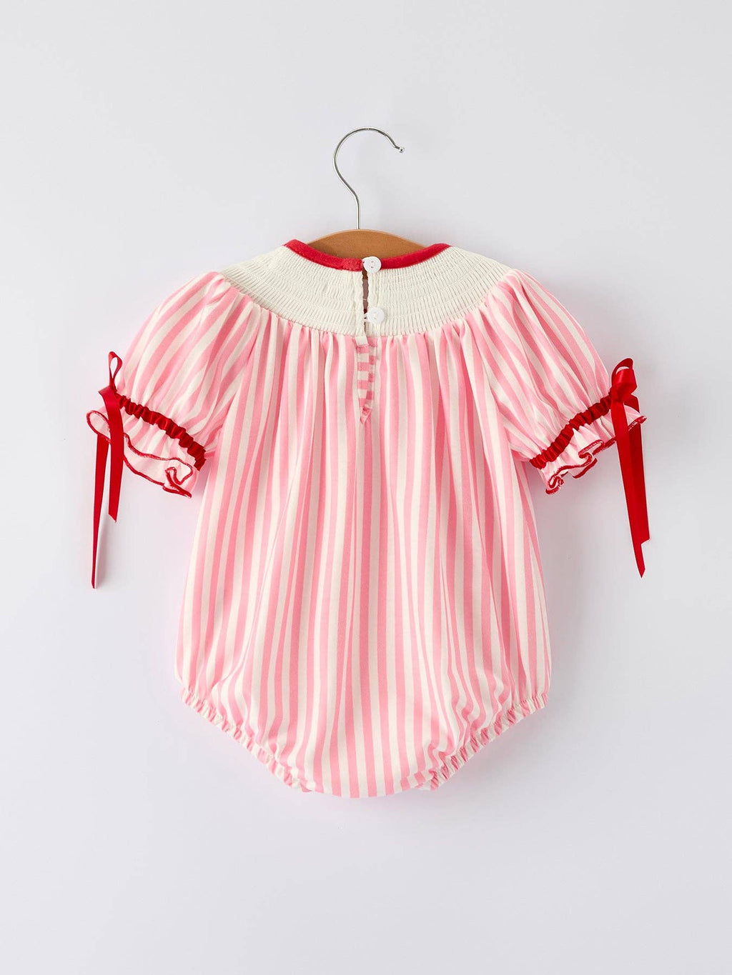 Pink Striped Baby Romper | Smocked Baseball Outfit with Red Bows