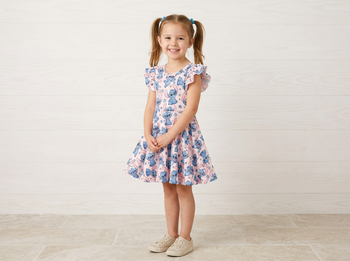 Pink Character Print Dress | Flutter Sleeve Twirl Dress for Girls