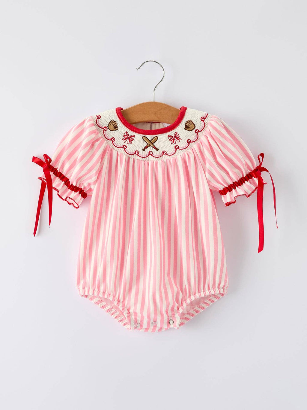 Pink Striped Baby Romper | Smocked Baseball Outfit with Red Bows
