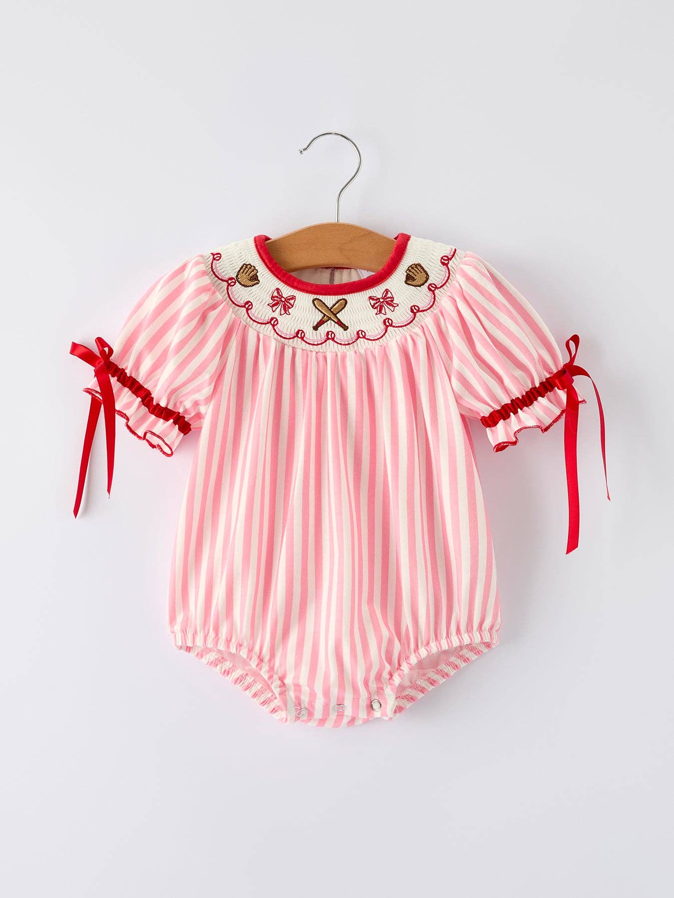 Pink Striped Baby Romper | Smocked Baseball Outfit with Red Bows
