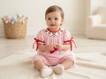 Pink Striped Baby Romper | Smocked Baseball Outfit with Red Bows