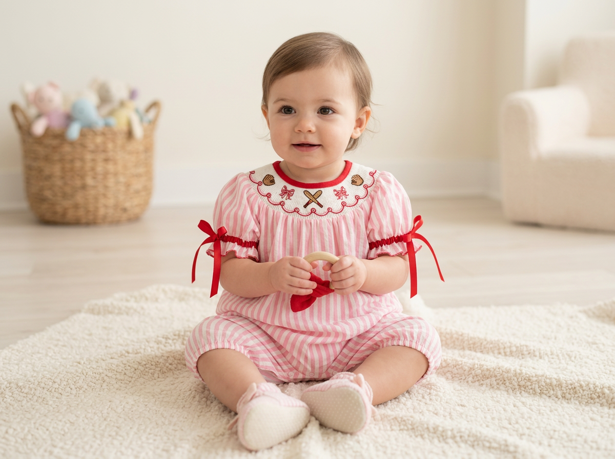 Pink Striped Baby Romper | Smocked Baseball Outfit with Red Bows