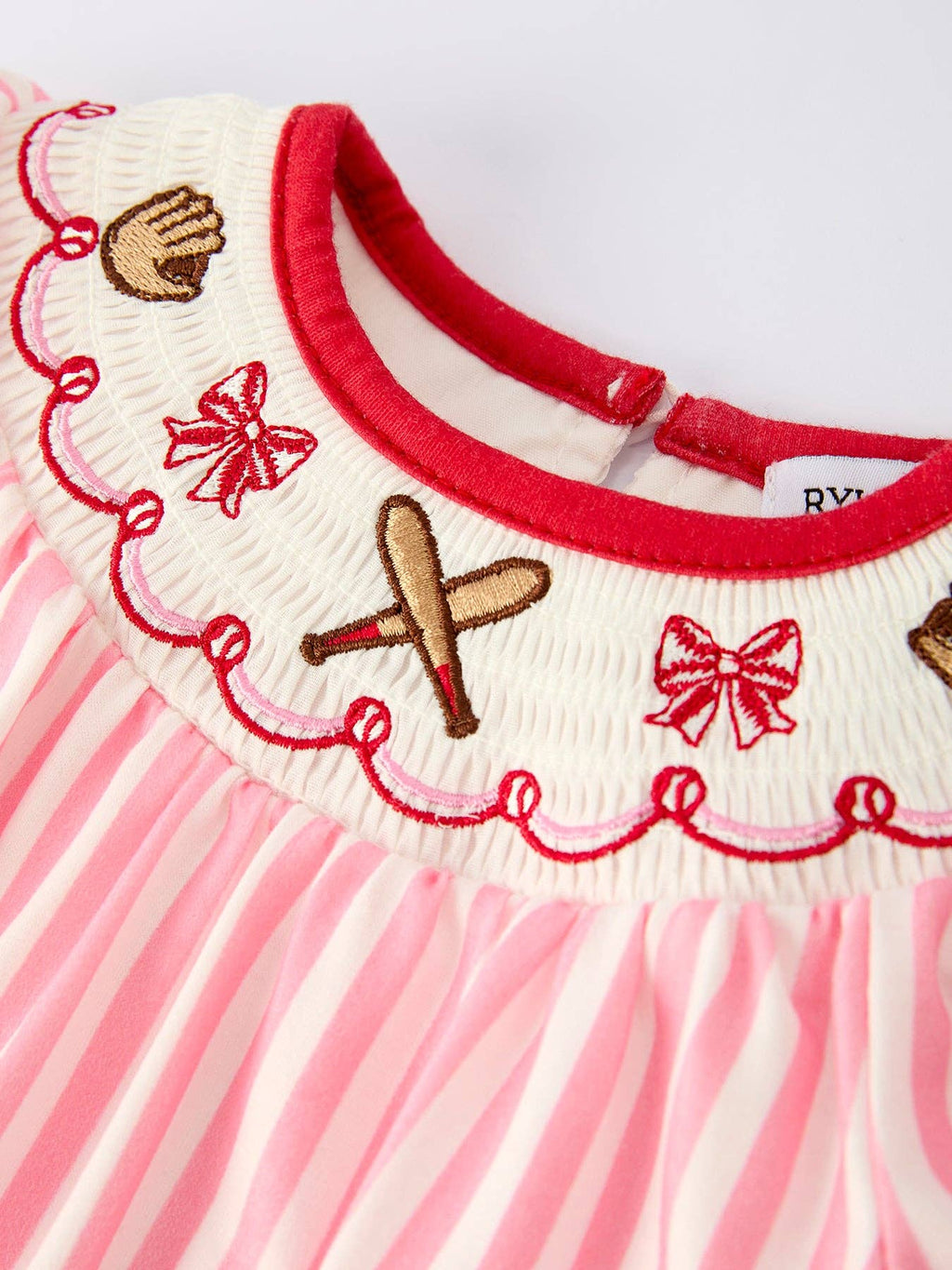 Pink Striped Baby Romper | Smocked Baseball Outfit with Red Bows