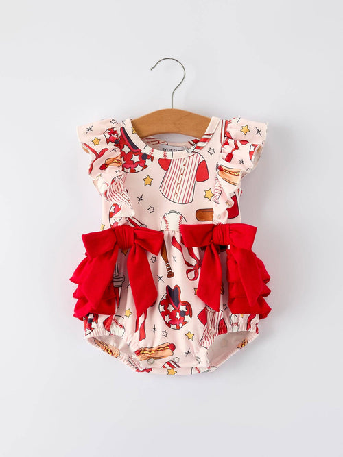 Baseball Baby Romper with Red Bows | Infant Baseball Outfit for Girls